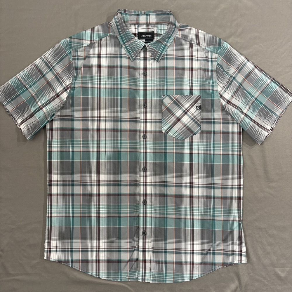 Marmot Shirt Mens L Teal Gray Plaid Performance Button Up Outdoor Hike Travel